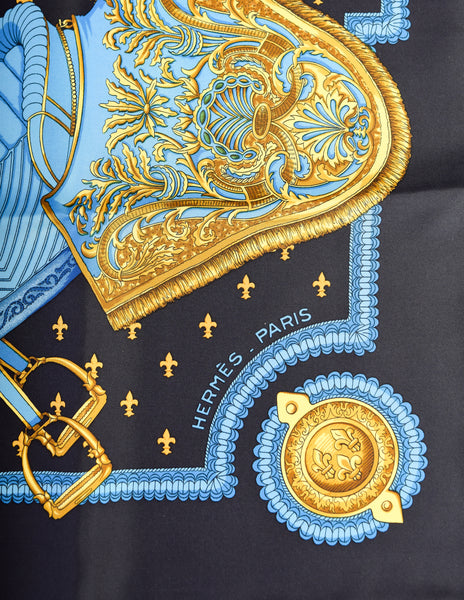 Hermes Vintage Selles A Housse Blue Yellow Equestrian Theme Silk Carre Scarf
