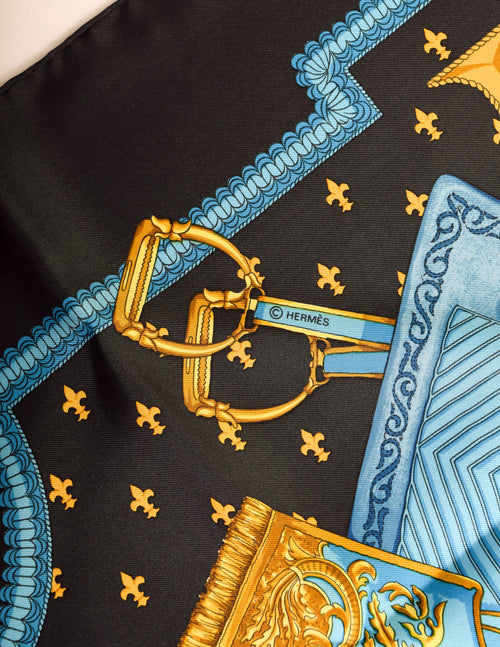 Hermes Vintage Selles A Housse Blue Yellow Equestrian Theme Silk