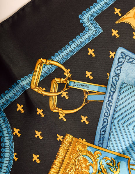 Hermes Vintage Selles A Housse Blue Yellow Equestrian Theme Silk Carre Scarf