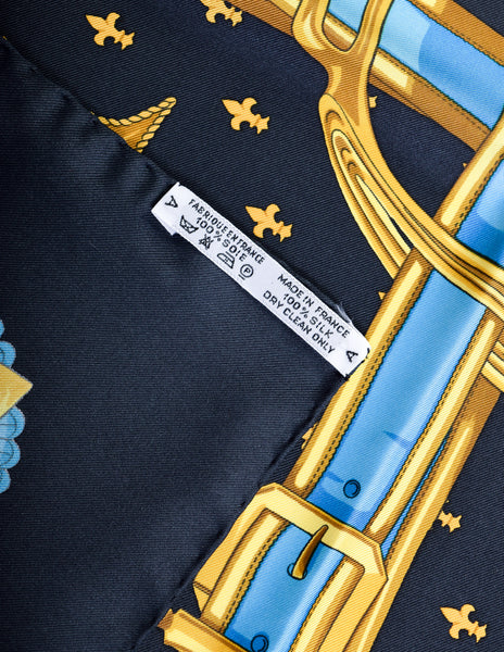 Hermes Vintage Selles A Housse Blue Yellow Equestrian Theme Silk Carre Scarf