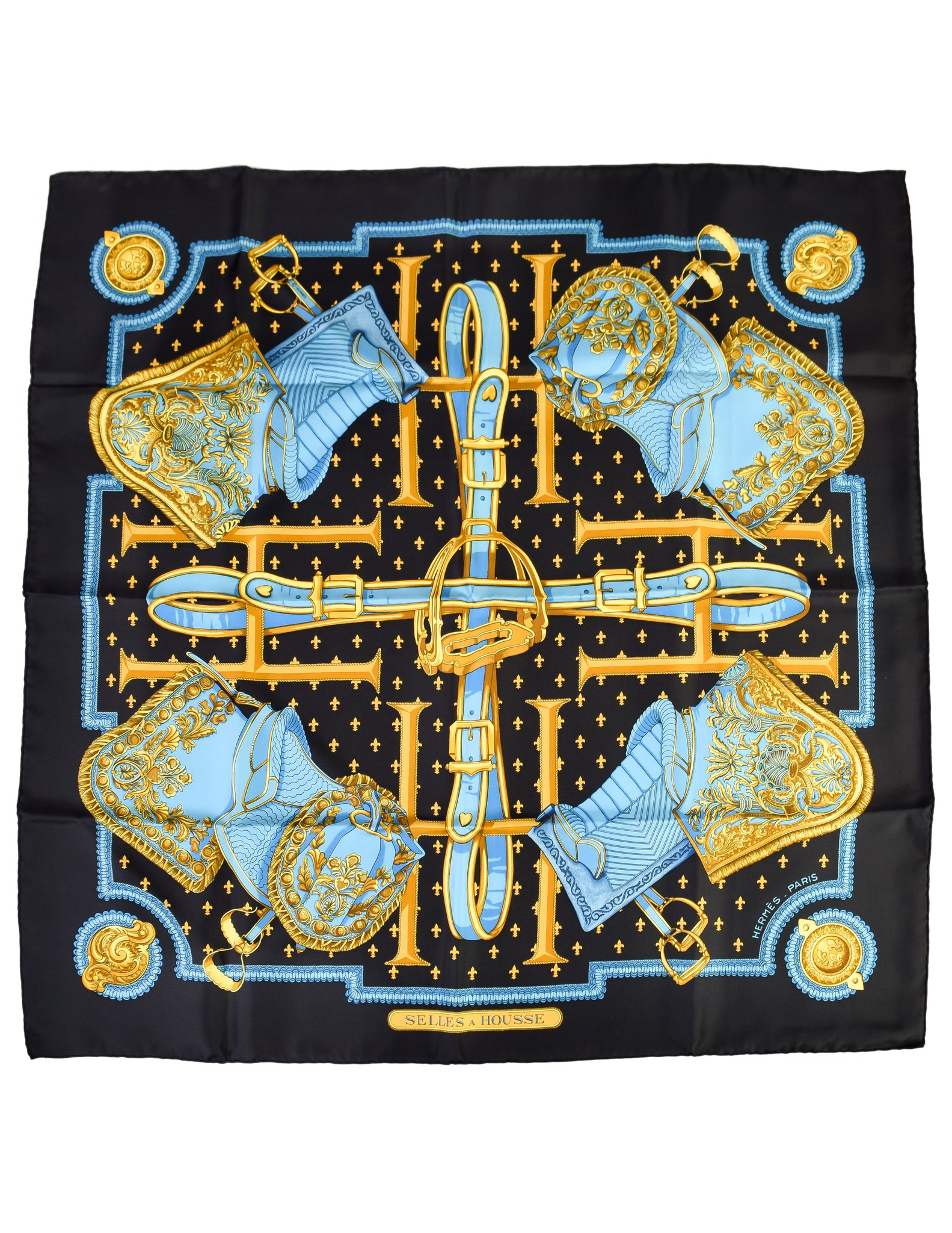 Hermes Vintage Selles A Housse Blue Yellow Equestrian Theme Silk Carre Scarf