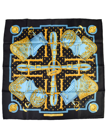 Hermes Vintage Selles A Housse Blue Yellow Equestrian Theme Silk Carre Scarf