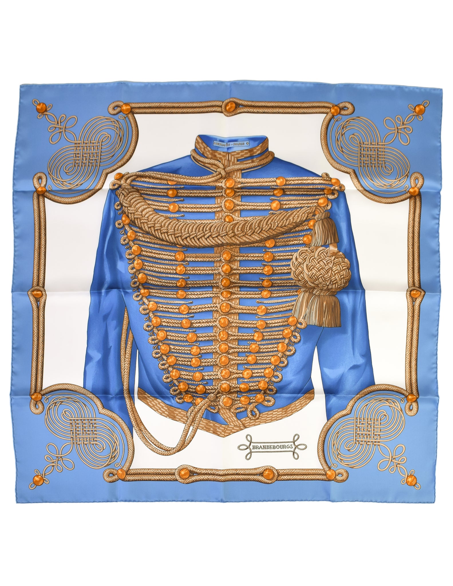 Hermes Vintage Brandebourgs Blue White Silk Carre Scarf