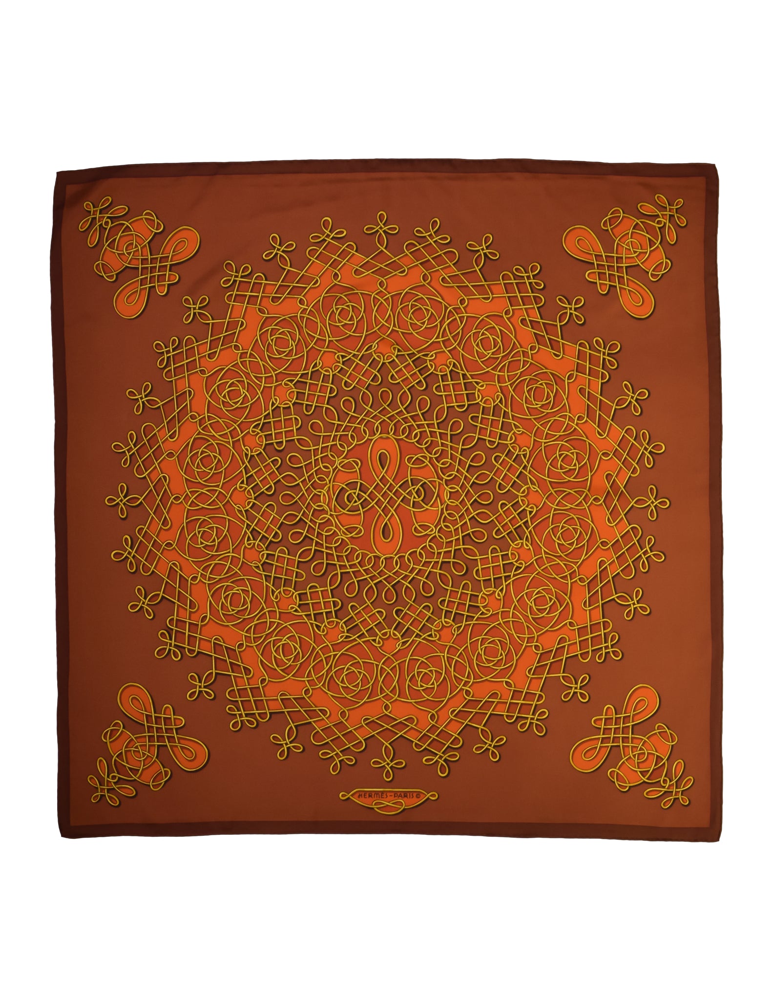 Hermes Vintage 1968 Vinci by Francoise Heron Rust Brick Red Gold Intertwined Motif Print Silk Carre Scarf