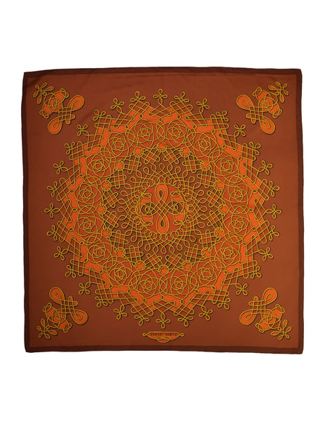 Hermes Vintage 1968 Vinci by Francoise Heron Rust Brick Red Gold Intertwined Motif Print Silk Carre Scarf
