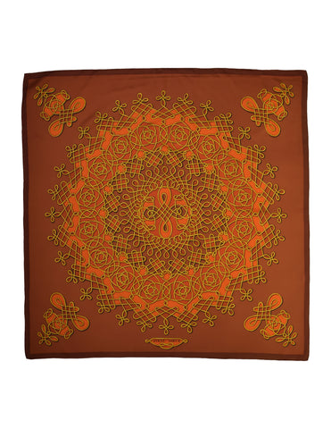 Hermes Vintage 1968 Vinci by Francoise Heron Rust Brick Red Gold Intertwined Motif Print Silk Carre Scarf