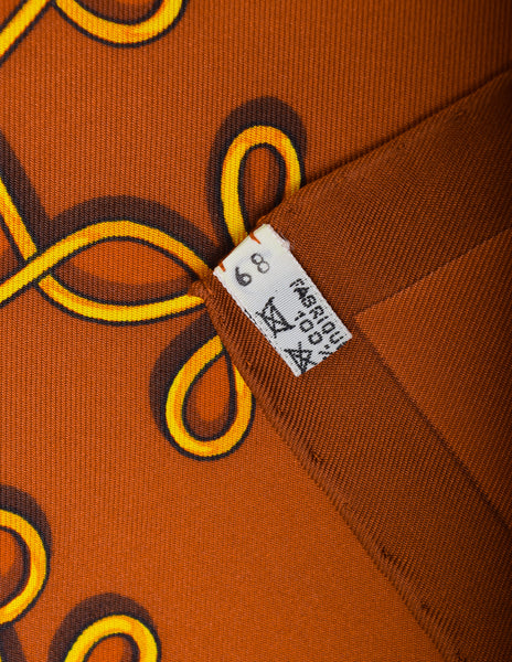 Hermes Vintage 1968 Vinci by Francoise Heron Rust Brick Red Gold Intertwined Motif Print Silk Carre Scarf