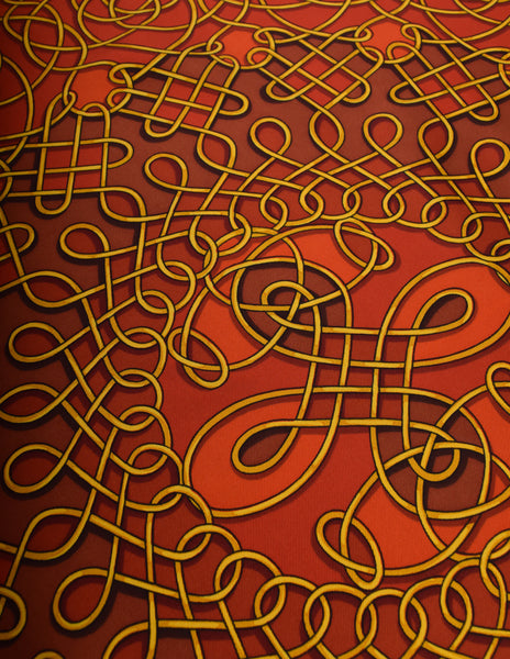 Hermes Vintage 1968 Vinci by Francoise Heron Rust Brick Red Gold Intertwined Motif Print Silk Carre Scarf