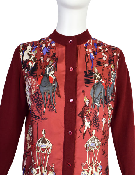 Hermes Vintage Soiree de l'Opera by Jean-Louis Clerc Silk Scarf Burgundy Wool Knit Cardigan Sweater