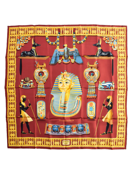 Hermes Vintage 1976 Tutankhamun Vladimir Rybaltchenko Burgundy Egyptian Theme Silk Carre Scarf