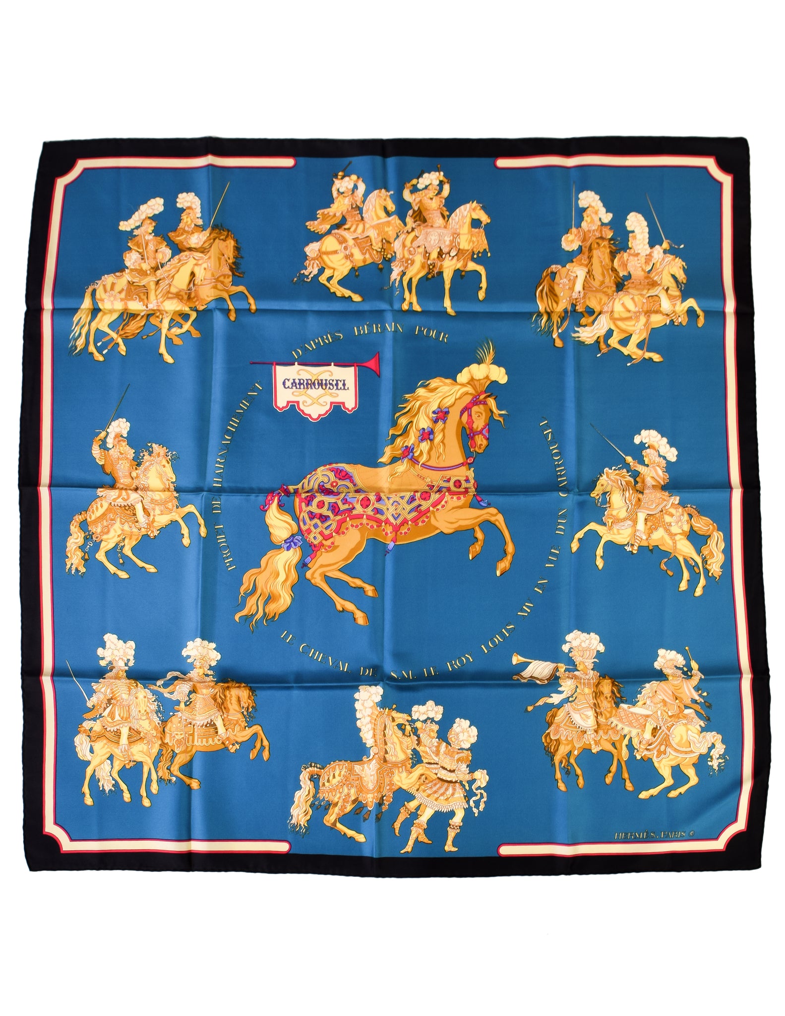 Hermes Vintage Carrousel Horse Blue Gold Royal Equestrian Silk Carre Scarf