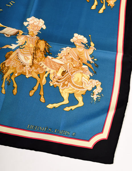 Hermes Vintage Carrousel Horse Blue Gold Royal Equestrian Silk Carre Scarf