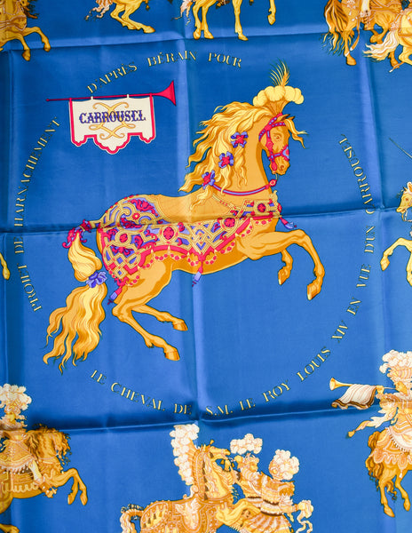 Hermes Vintage Carrousel Horse Blue Gold Royal Equestrian Silk Carre Scarf
