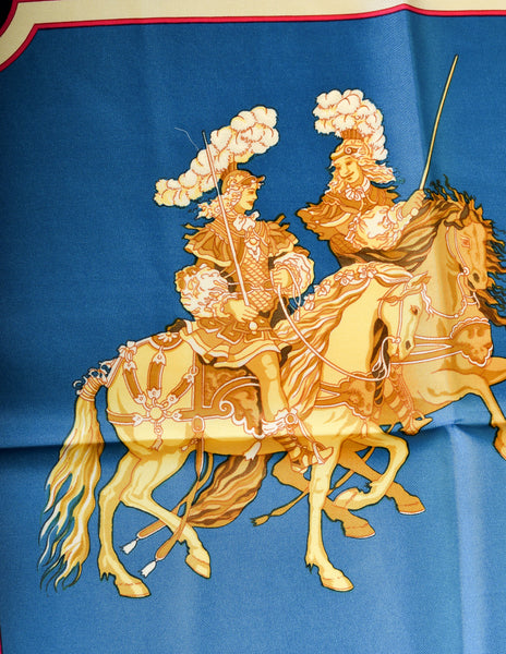 Hermes Vintage Carrousel Horse Blue Gold Royal Equestrian Silk Carre Scarf