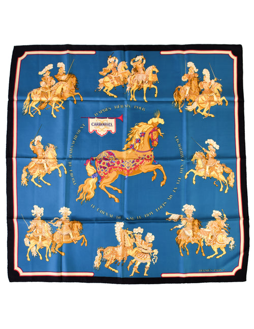 Hermes Vintage Carrousel Horse Blue Gold Royal Equestrian Silk