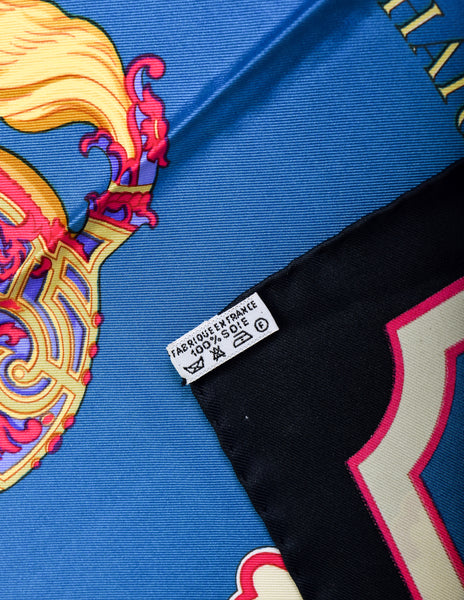Hermes Vintage Carrousel Horse Blue Gold Royal Equestrian Silk Carre Scarf