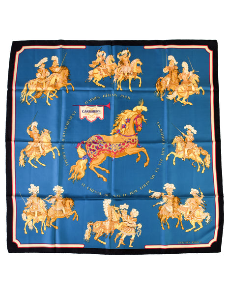 Hermes Vintage Carrousel Horse Blue Gold Royal Equestrian Silk Carre Scarf
