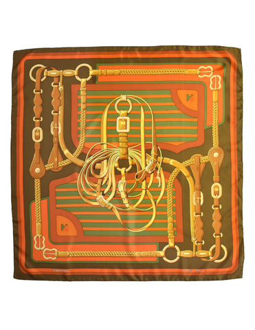 Hermes Vintage Coaching Equestrian Belt Strap Bridle Orange Green Silk Scarf