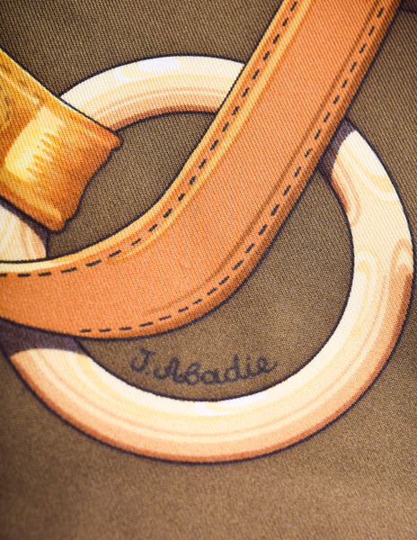 Hermes Vintage Coaching Equestrian Belt Strap Bridle Orange Green Silk Scarf