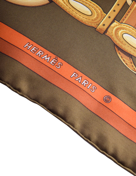 Hermes Vintage Coaching Equestrian Belt Strap Bridle Orange Green Silk Scarf