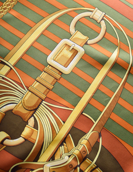 Hermes Vintage Coaching Equestrian Belt Strap Bridle Orange Green Silk Scarf