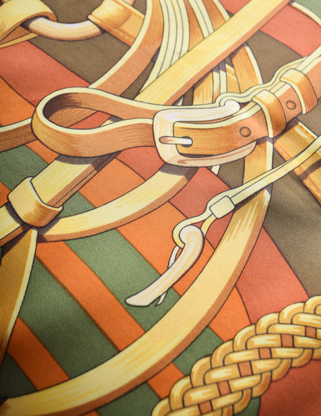 Hermes Vintage Coaching Equestrian Belt Strap Bridle Orange Green Silk Scarf