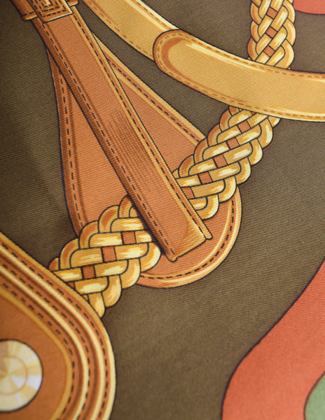 Hermes Vintage Coaching Equestrian Belt Strap Bridle Orange Green Silk Scarf