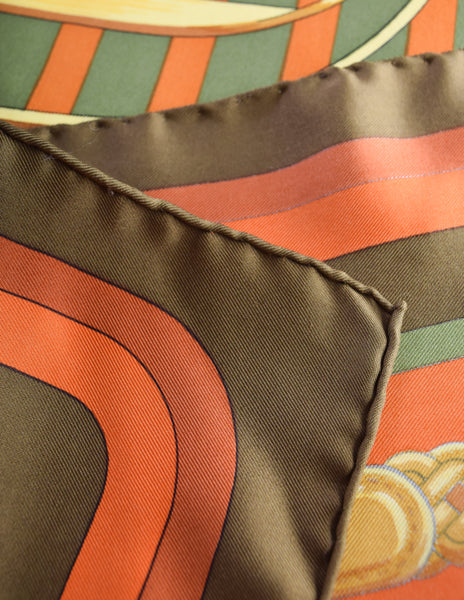 Hermes Vintage Coaching Equestrian Belt Strap Bridle Orange Green Silk Scarf