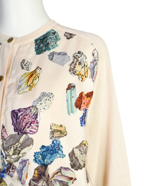 Hermes Vintage SS 1990 Mineraux by Hugo Grygkar Cream Silk Scarf Cotton Knit Cardigan Sweater