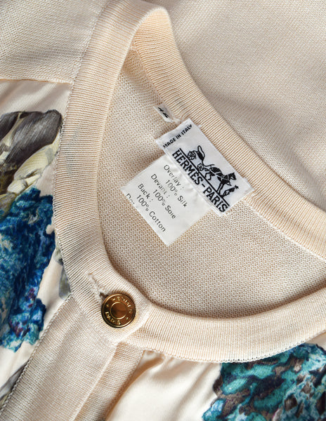 Hermes Vintage SS 1990 Mineraux by Hugo Grygkar Cream Silk Scarf Cotton Knit Cardigan Sweater