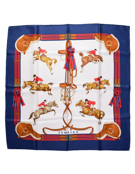 Hermes Vintage Jumping by Phillipe Ledoux Equestrian Horse Theme White Blue Silk Scarf