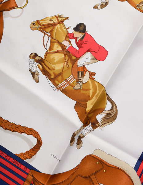 Hermes Vintage Jumping by Phillipe Ledoux Equestrian Horse Theme White Blue Silk Scarf