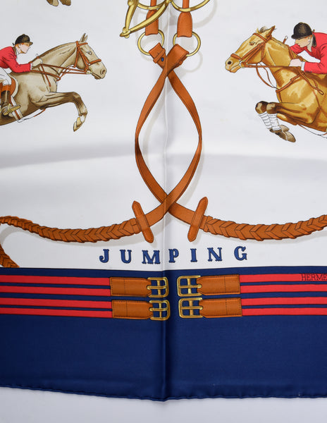 Hermes Vintage Jumping by Phillipe Ledoux Equestrian Horse Theme White Blue Silk Scarf