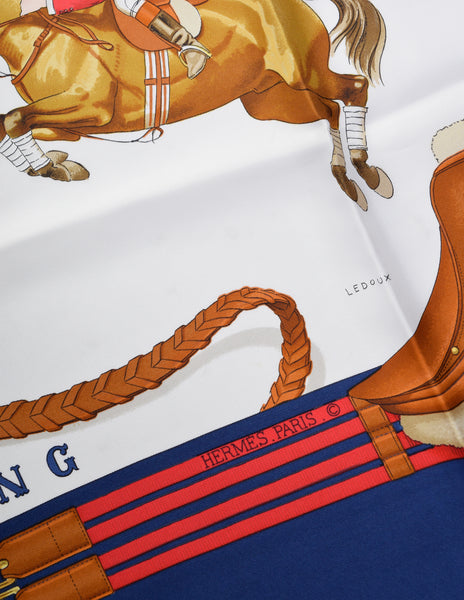 Hermes Vintage Jumping by Phillipe Ledoux Equestrian Horse Theme White Blue Silk Scarf