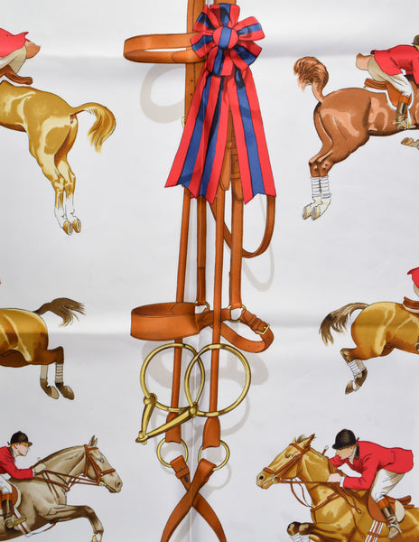 Hermes Vintage Jumping by Phillipe Ledoux Equestrian Horse Theme White Blue Silk Scarf
