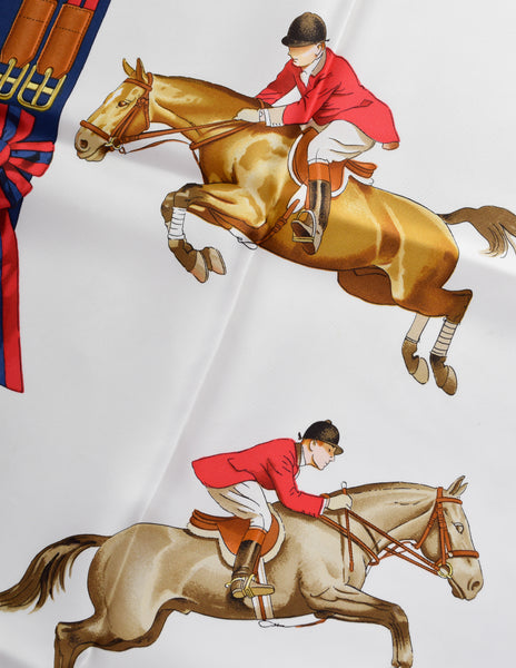 Hermes Vintage Jumping by Phillipe Ledoux Equestrian Horse Theme White Blue Silk Scarf