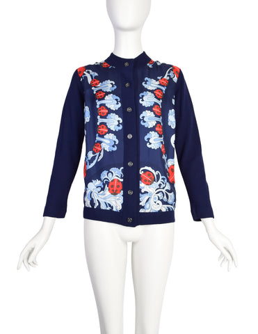 Hermes Vintage Coccinelles by Karin Swildens Silk Scarf Navy Blue Wool Knit Cardigan Sweater
