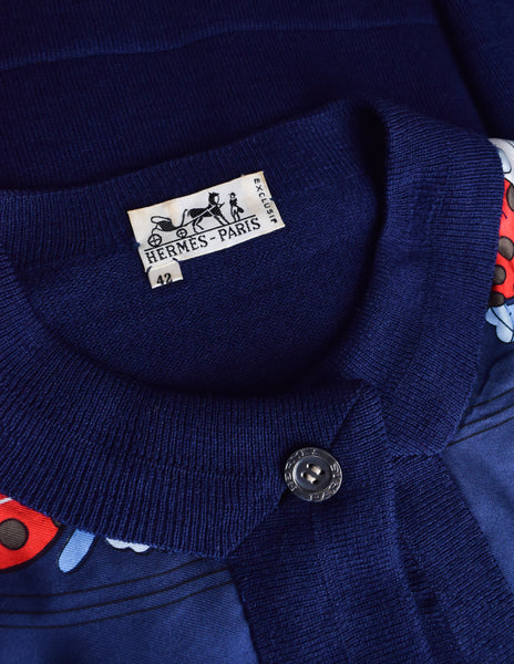 Hermes Vintage Coccinelles by Karin Swildens Silk Scarf Navy Blue Wool Knit Cardigan Sweater