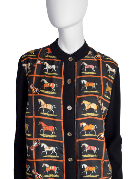 Hermes Vintage Petits Chevaux Horse Equestrian Theme Silk Wool Cardigan Sweater