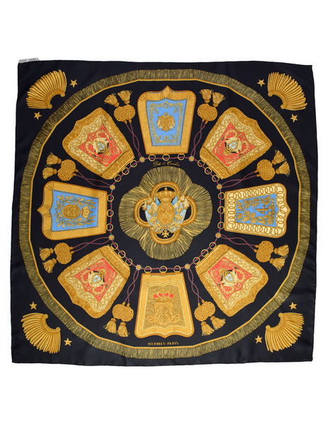 Hermes Vintage Poste et Cavalerie by Joachim Metz Black Multicolor Regal Silk Scarf