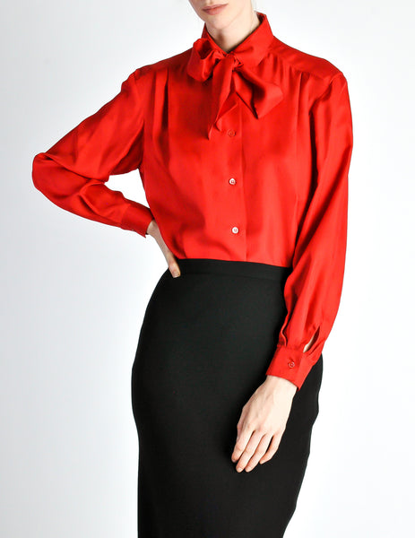 Hermès Vintage Red Silk Bee Jacquard Secretary Blouse Shirt