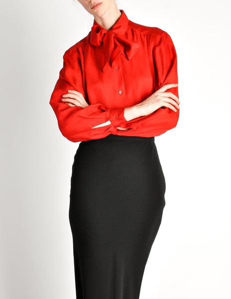 Hermès Vintage Red Silk Bee Jacquard Secretary Blouse Shirt