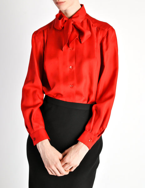 Hermès Vintage Red Silk Bee Jacquard Secretary Blouse Shirt