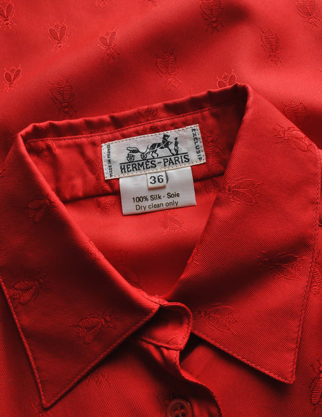 Hermès Vintage Red Silk Bee Jacquard Secretary Blouse Shirt