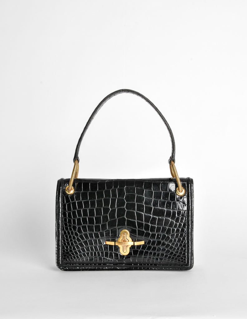 Hermes Vintage 1960s Black Crocodile Skin Top Handle Handbag