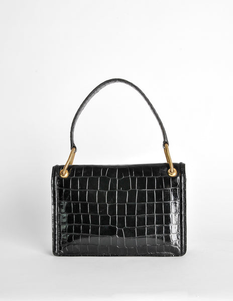Hermes Vintage 1960s Black Crocodile Skin Top Handle Handbag