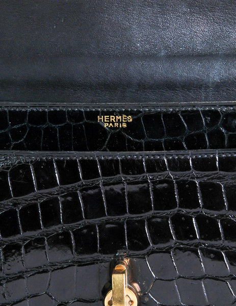 Hermes Vintage 1960s Black Crocodile Skin Top Handle Handbag