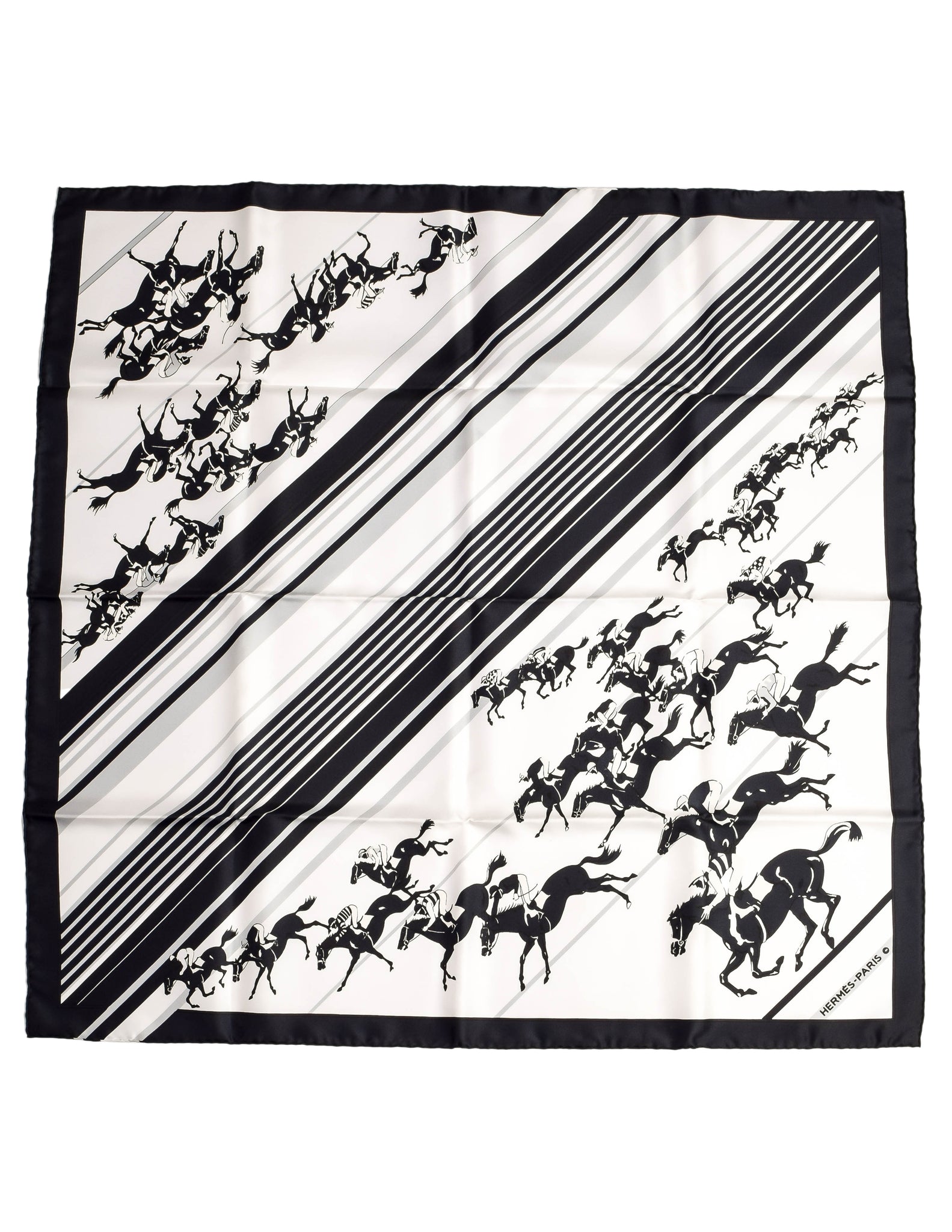 Hermes Vintage Les Courses Black and White Equestrian Horse Racing Silk Scarf
