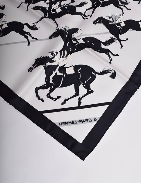 Hermes Vintage Les Courses Black and White Equestrian Horse Racing Silk Scarf