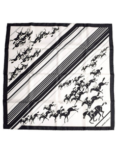 Hermes Vintage Les Courses Black and White Equestrian Horse Racing Silk Scarf